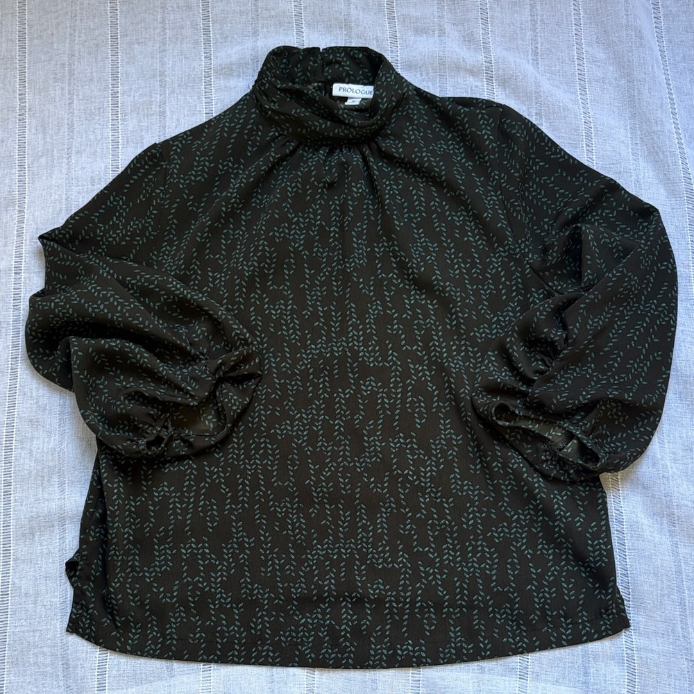 Prologue Dark Chocolate Blouse with Green Leaf Print. - Picture 10 of 12